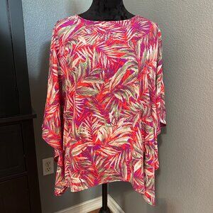Quacker Factory Women's Top XS Red Rhinestone Embellished Leaf Print Batwing
